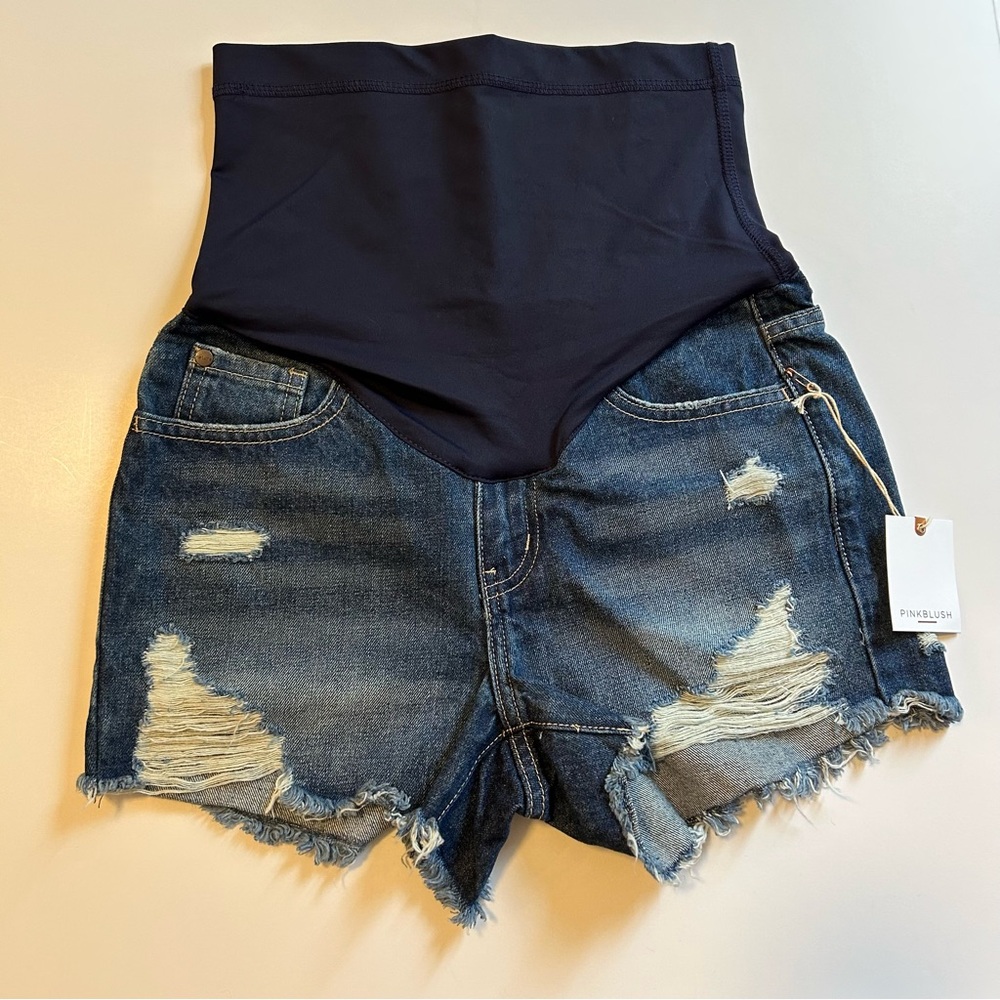 Pinkblush Dark Wash Distressed Raw Hem Maternity Full Panel Shorts - Picture 3 of 8